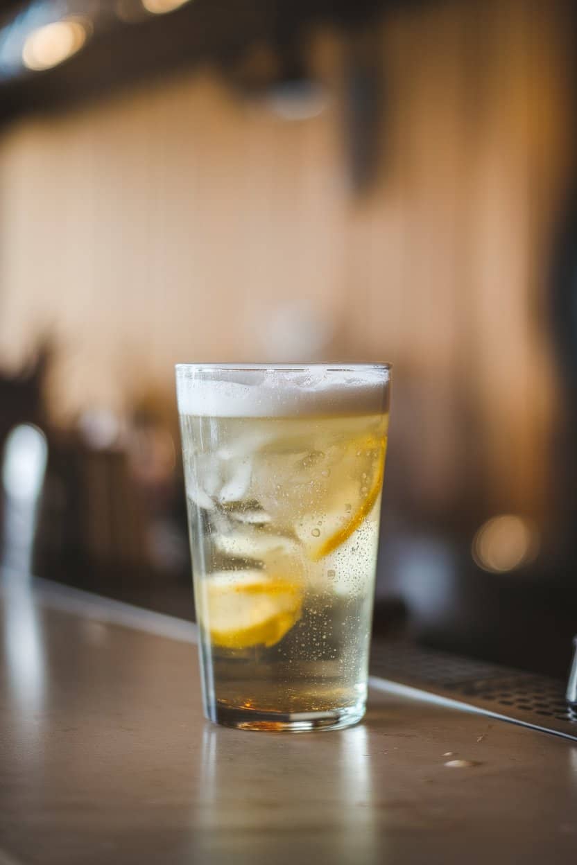 Indoor bar counter photo showing a pint glass half-filled with cloudy lemonade topped with foamy ginger beer; condensation visible, no logos or text.