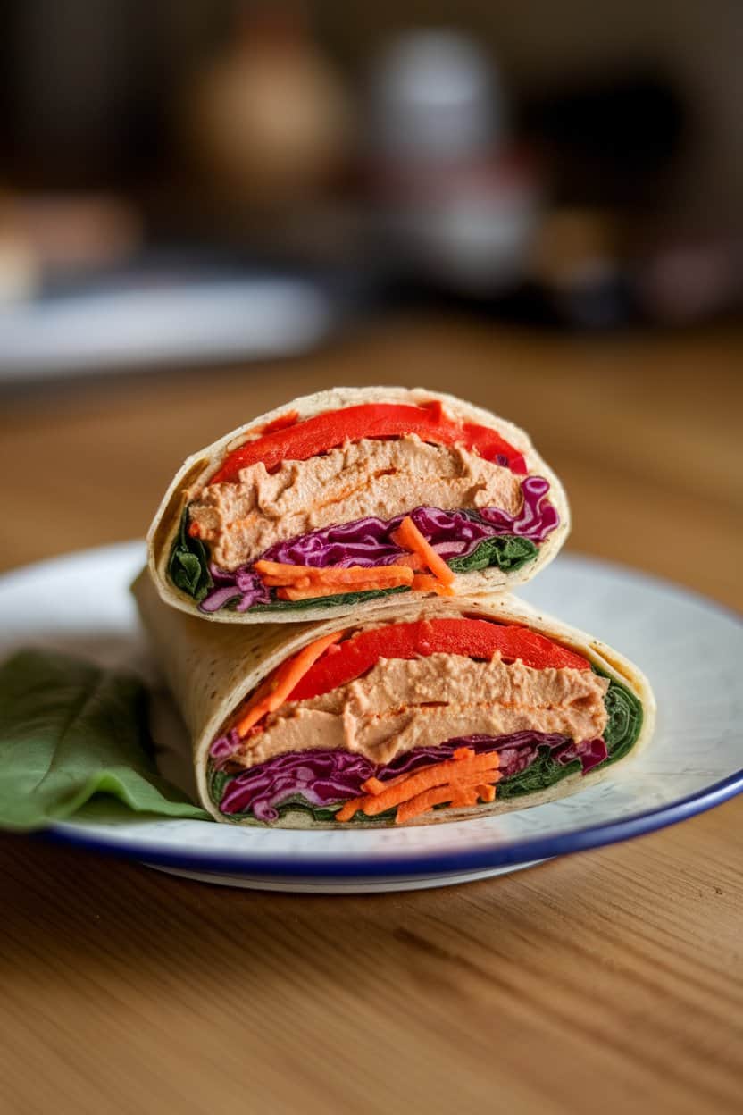 Photo taken indoors at a kitchen table showing a sliced tortilla wrap packed with layers of red bell pepper, shredded purple cabbage, grated carrot, baby spinach, and a generous spread of hummus. No text or logos visible.