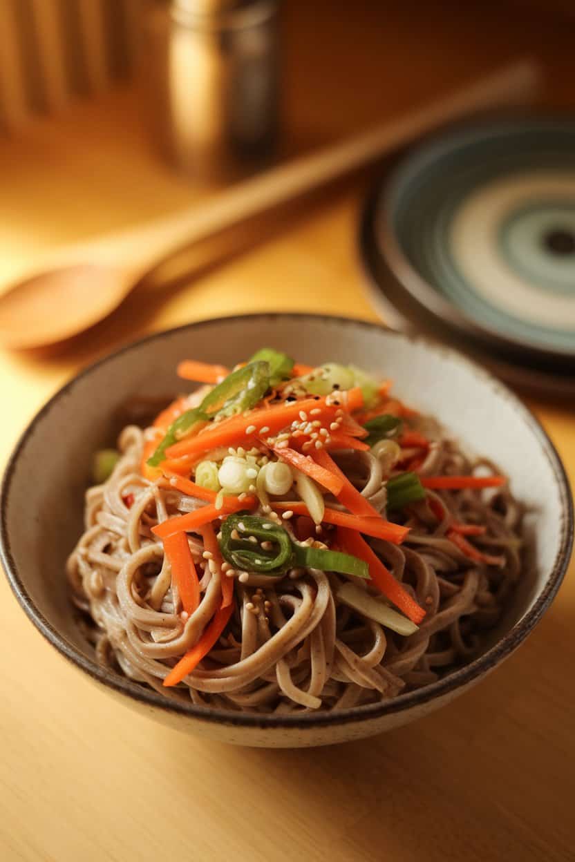 Photo of a warmly lit indoor scene featuring a bowl of chilled soba noodles tossed with julienned carrots, bell peppers, scallions, and sesame seeds, light soy-ginger dressing visible. No text or logos.