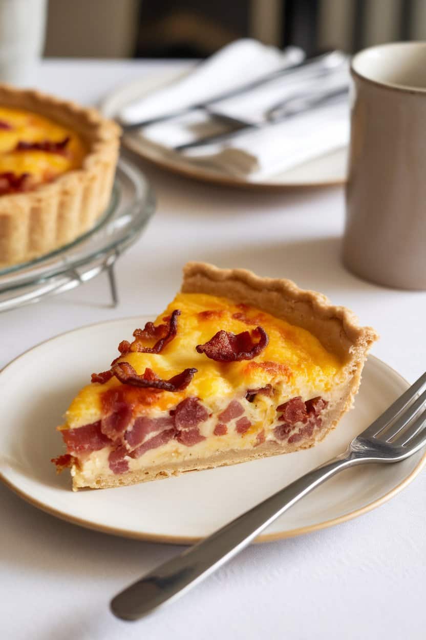 Indoor brunch table with a slice of quiche showing crispy bacon bits and melted cheese in a flaky crust, fork resting nearby. No text or logos, photo not illustration.
