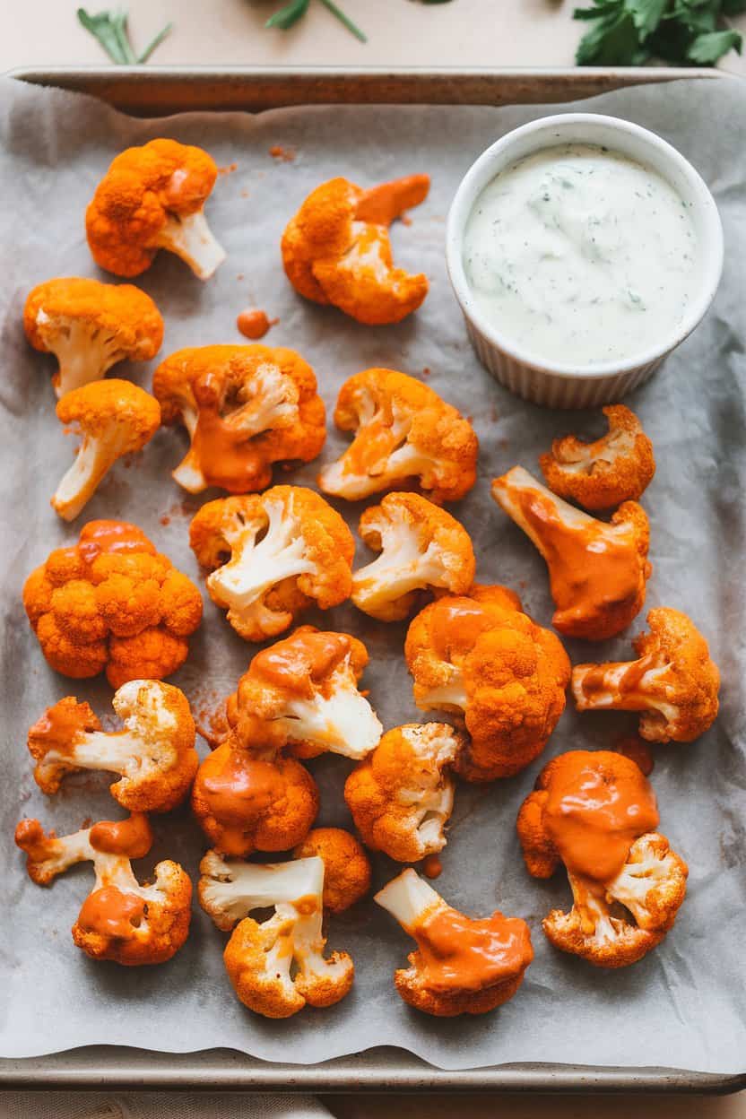 An indoor parchment-lined tray with roasted cauliflower florets coated in orange buffalo sauce, a cup of ranch dip on the side. No text or logos. Photo only.