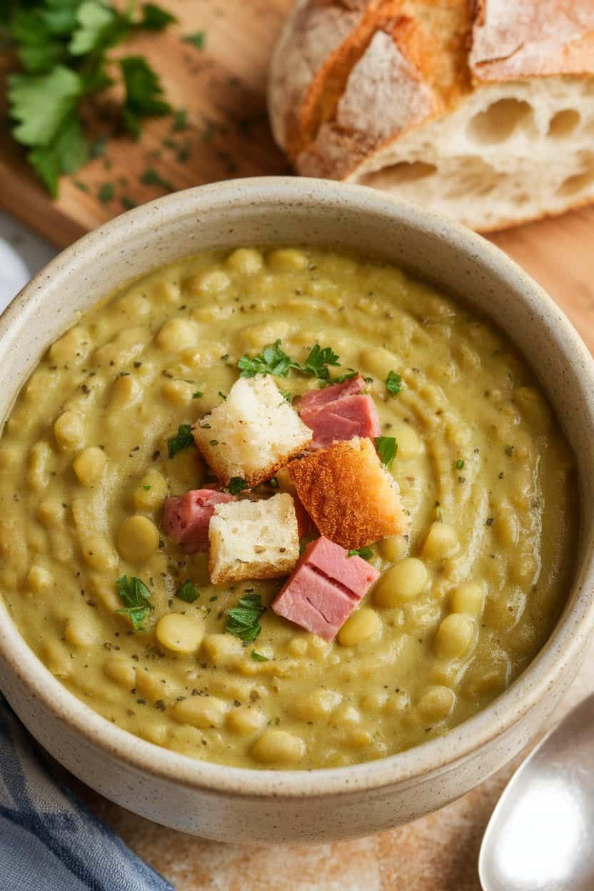 Indoor photo of thick green split pea soup with diced ham in a stoneware bowl—no logos