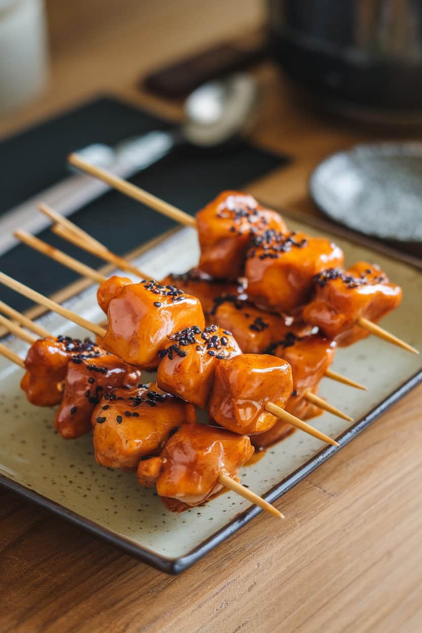 Bamboo skewers indoors holding glazed chicken chunks sprinkled with sesame seeds, arranged on a rectangular ceramic plate. No text or branding in the photo.