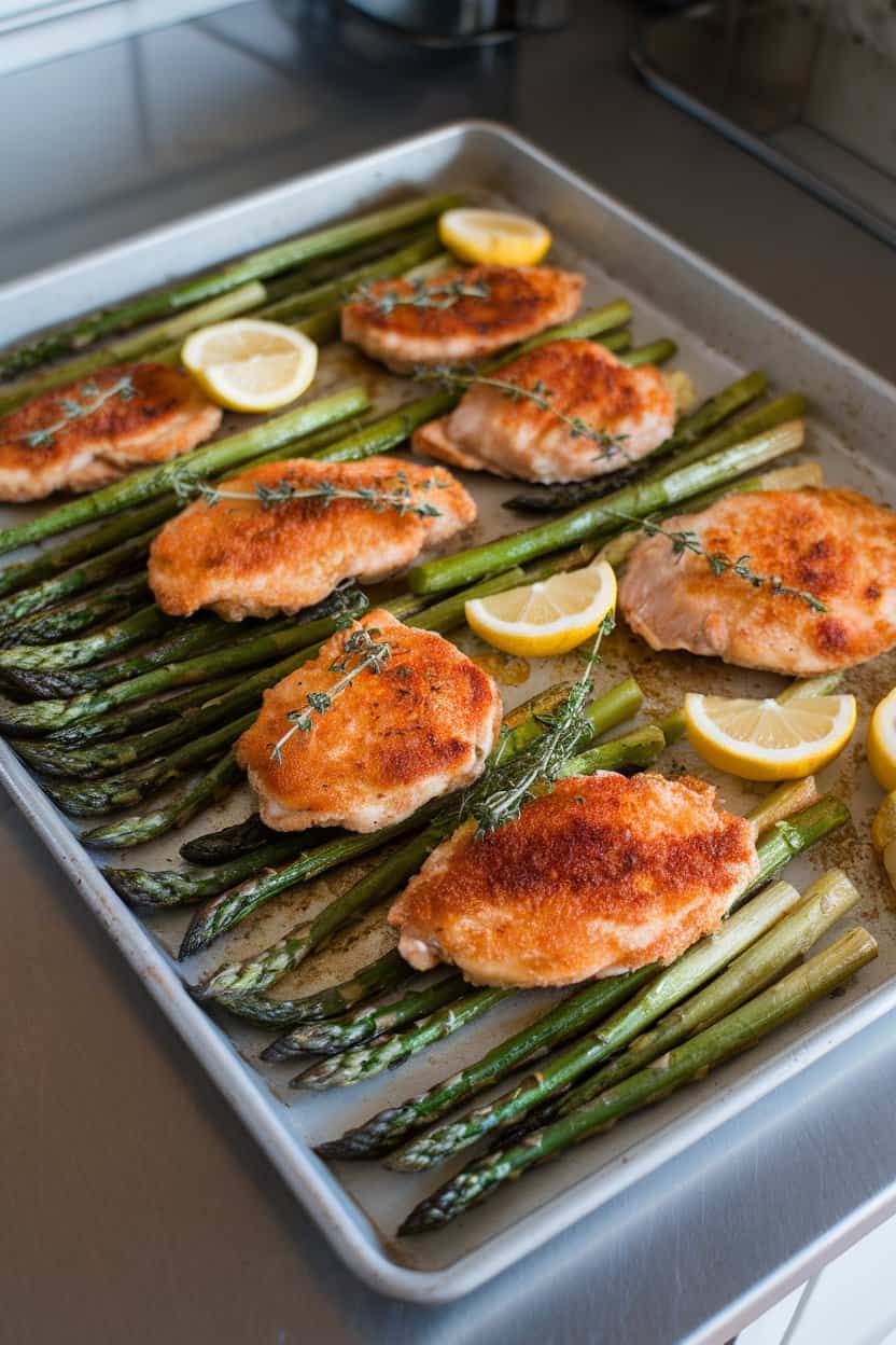 Photo of a sheet pan on an indoor countertop holding golden chicken cutlets and roasted asparagus spears, garnished with lemon slices and fresh thyme. No text or logos anywhere.