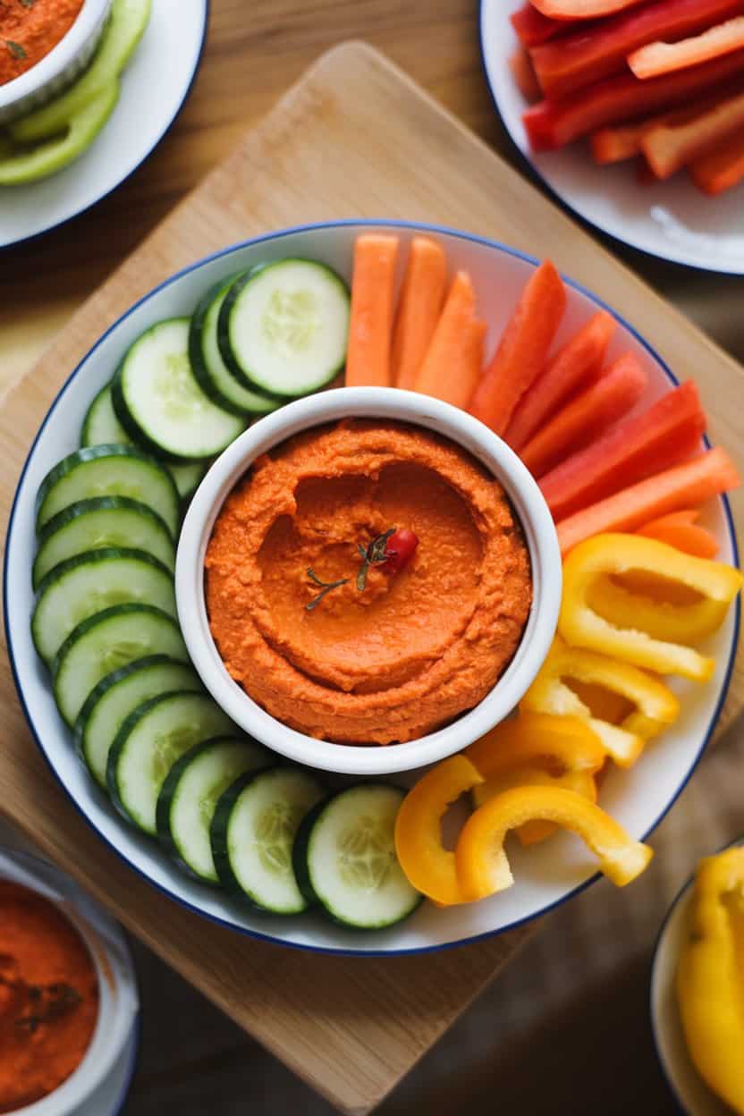 Indoor photo of a ramekin of red pepper hummus surrounded by sliced cucumbers, carrots, and bell peppers; overhead view, no text or logos