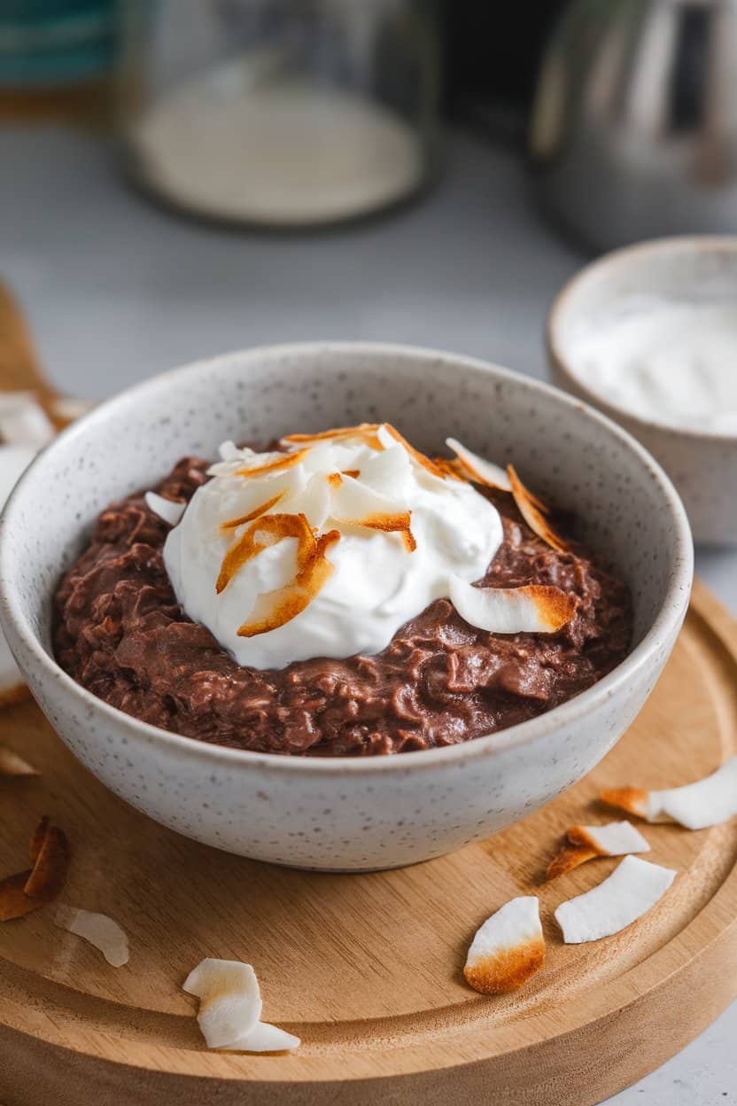 Indoor photo of dark chocolatey oats topped with coconut cream dollops and toasted coconut flakes; no text or logos.
