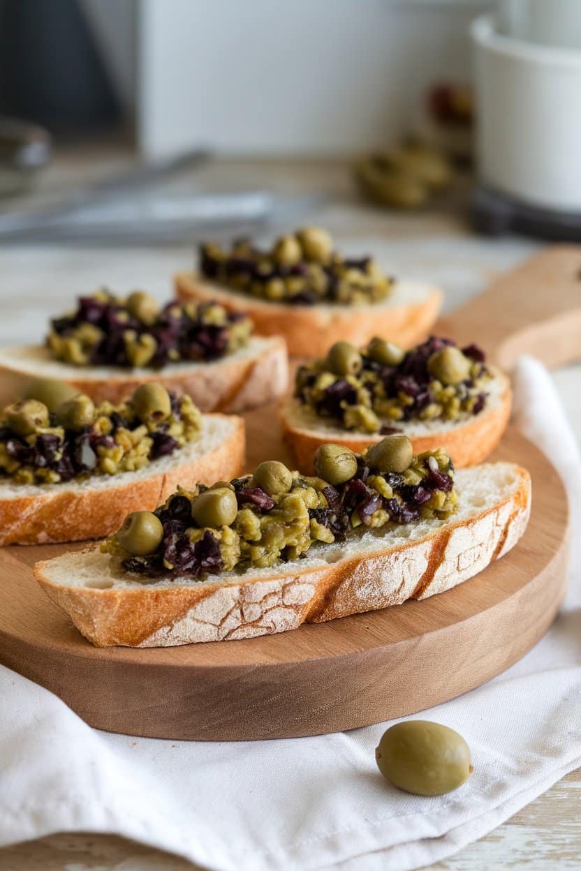 Indoor wooden board with toasted baguette slices topped with black and green olive tapenade, capers visible, no text or logos.
