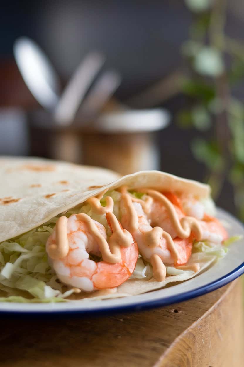 Indoor countertop scene featuring soft tortillas filled with cooked shrimp, shredded cabbage, and a drizzle of creamy sauce, photographed close up. No text or logos in view.