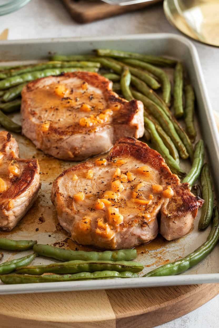 An indoor sheet pan topped with pork chops glazed in apricot-Dijon sauce, surrounded by roasted green beans, no text or logos. Photo only.