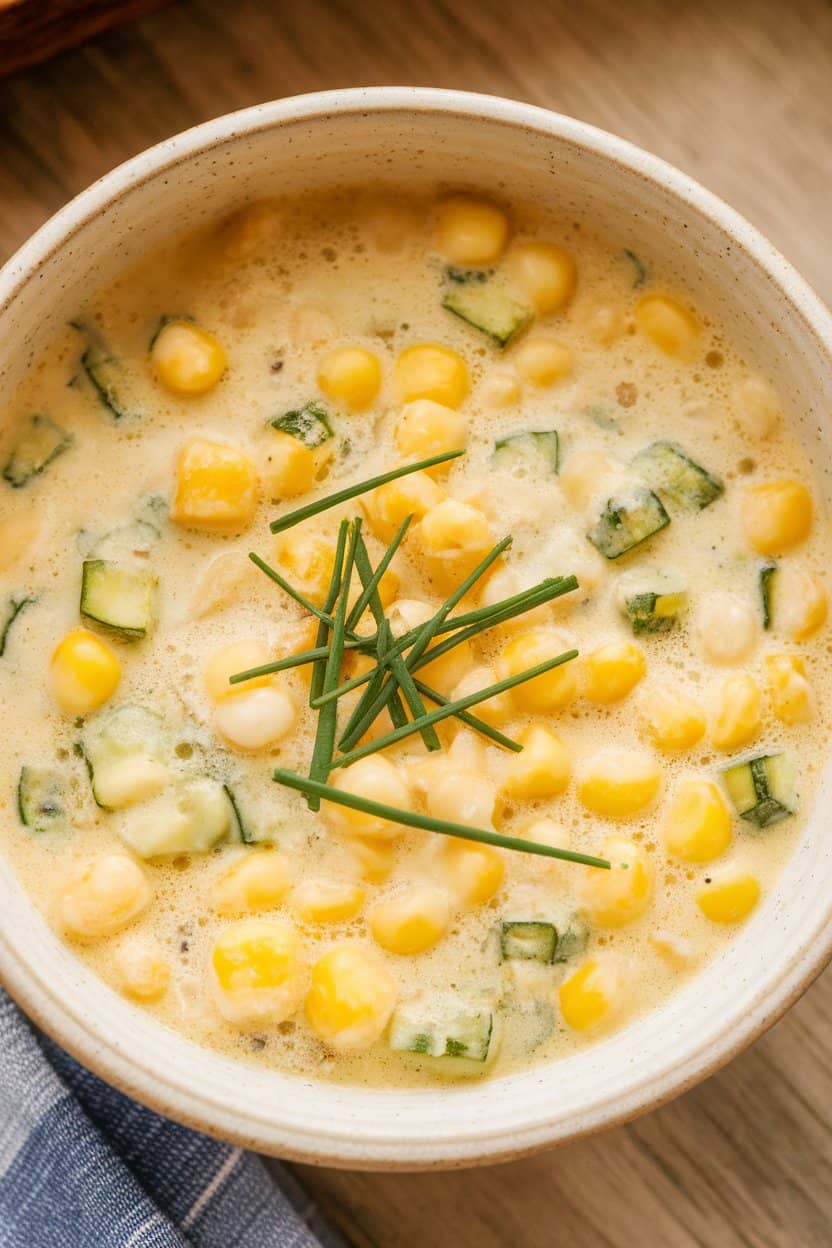 Indoor photo of creamy corn-zucchini chowder in a ivory bowl, garnished with chopped chives. No text or logos.