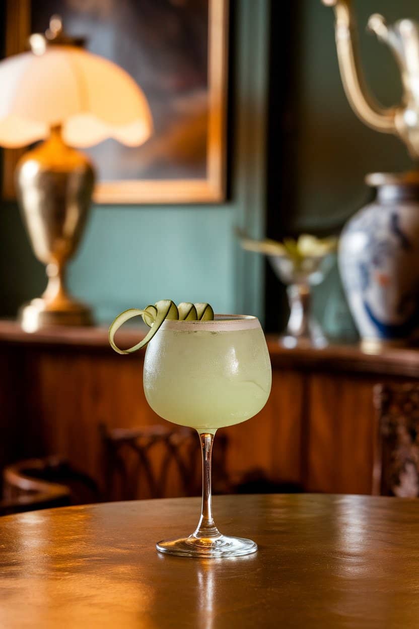 Indoor cocktail lounge with a Nick & Nora glass of pale green gimlet garnished by thin cucumber ribbon; photo, no text or logos.