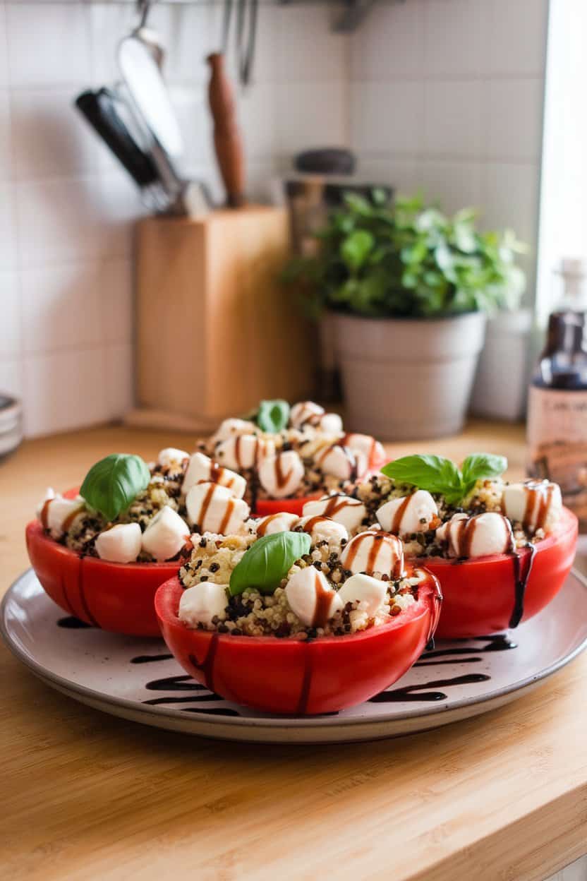 An indoor kitchen counter with large tomato halves brimming with quinoa, mozzarella pearls, and basil ribbons, drizzle of balsamic glaze. Soft natural light, no text or logos. Photo only.