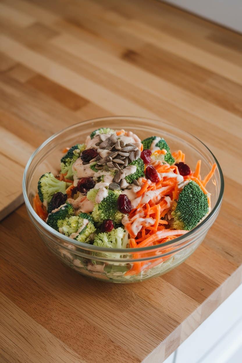 Photo of an indoor kitchen island holding a glass bowl of bite-size broccoli florets, shredded carrot, dried cranberries, sunflower seeds, and creamy dressing, all well mixed. No text or logos.