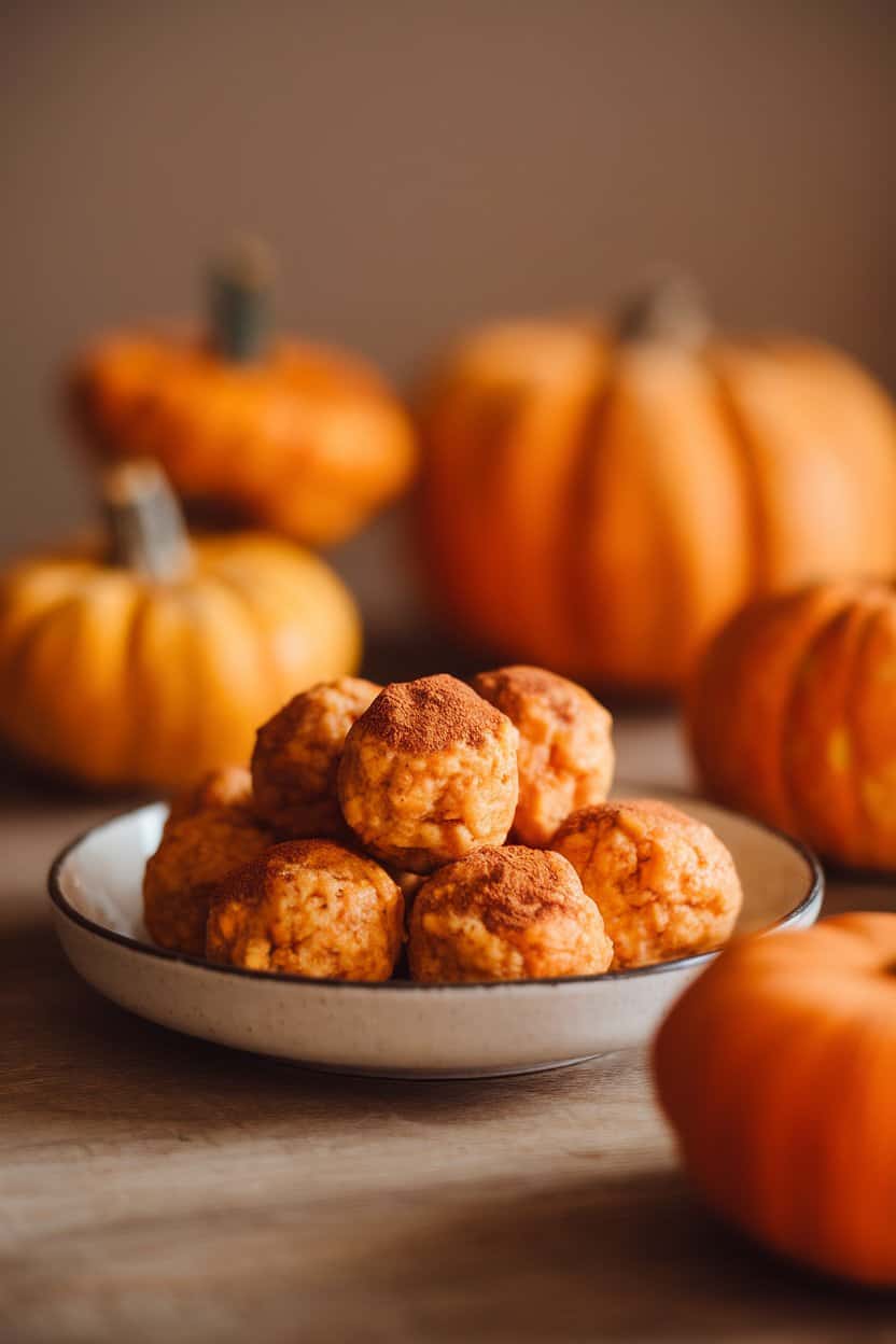 Warm indoor autumnal setup featuring orange-tinged protein balls dusted with cinnamon, tiny pumpkins blurred in background, no text or logos. Photo only.