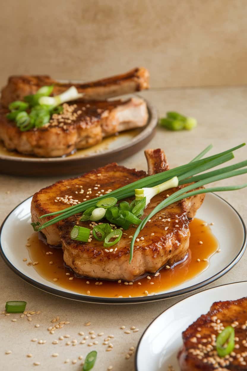 An indoor table scene with pork chops glossed in honey-garlic soy glaze, sesame seeds scattered around, no text or logos. Photo, not illustration.