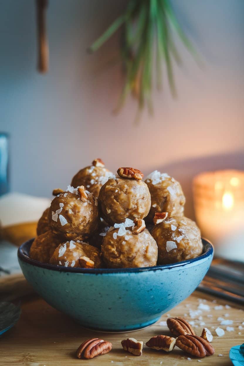 Indoor evening light on caramel-colored protein balls sprinkled with flaky sea salt and chopped pecans, no text or logos. Photo only.