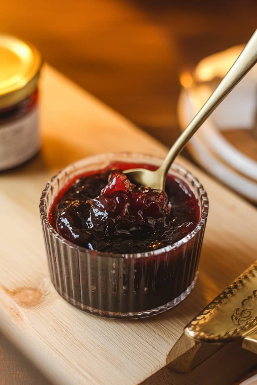 Indoor photo of dark, glossy fig-onion jam in a clear ramekin with a gold teaspoon dipped in; warm indoor lighting, no text or logos.