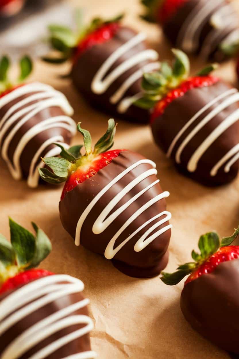 Indoor close-up of glossy chocolate-coated strawberries laid on parchment, some drizzled with white chocolate. No text or logos.