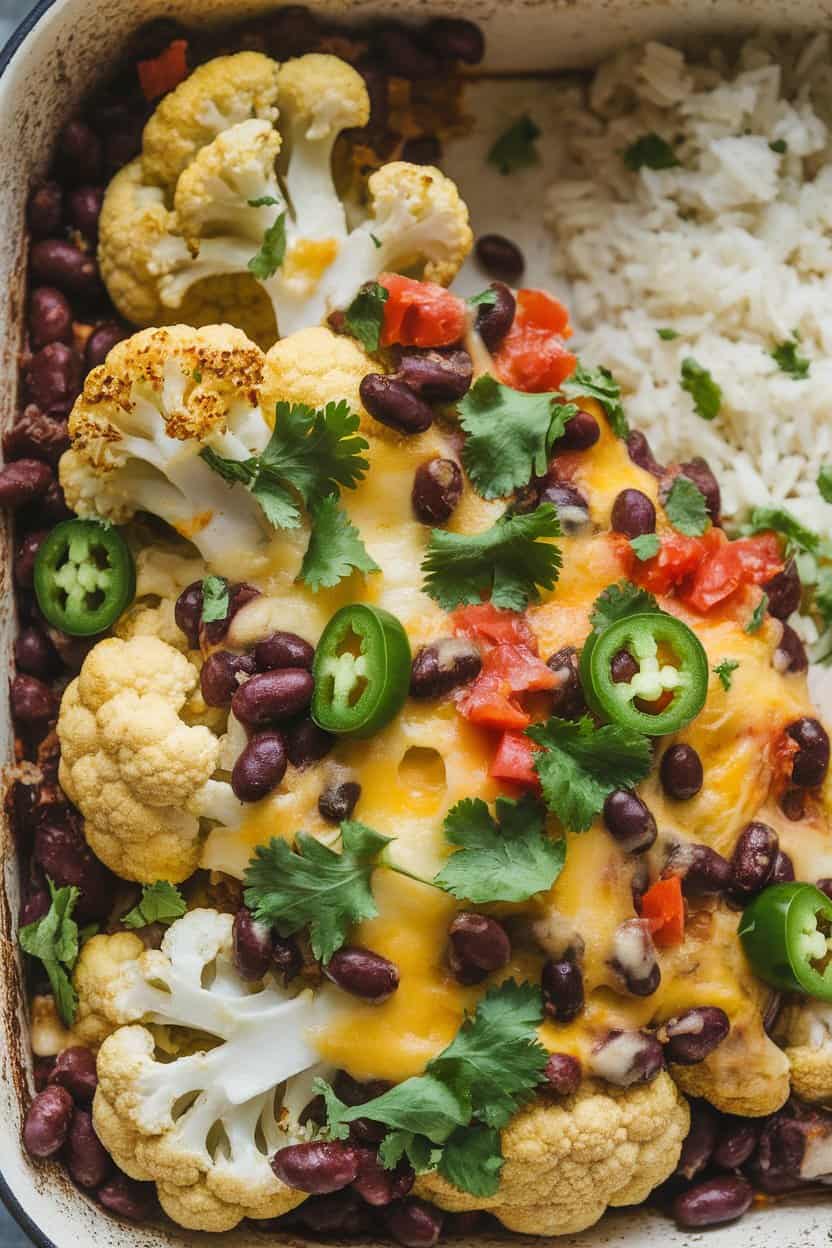 Indoor ovenproof dish piled with roasted cauliflower florets topped with melted cheese, black beans, diced tomatoes, and jalapeños. Photo, no text or logos.