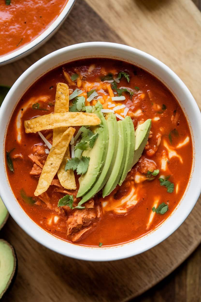 Indoor bowl of tomato-based chicken tortilla soup topped with crispy tortilla strips, avocado, and cheese, no text or logos.