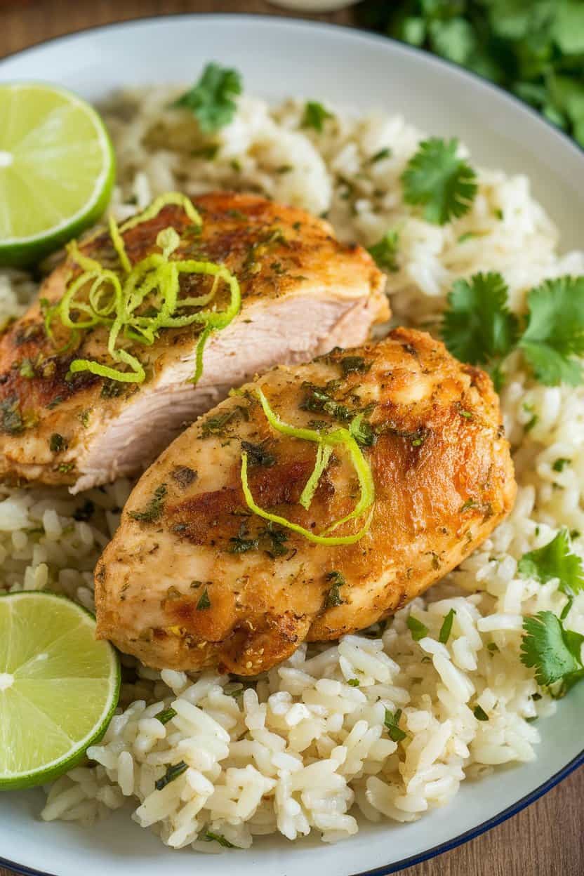 Indoor photo of coconut lime chicken breast halves topped with lime zest, cilantro rice beside—no branding