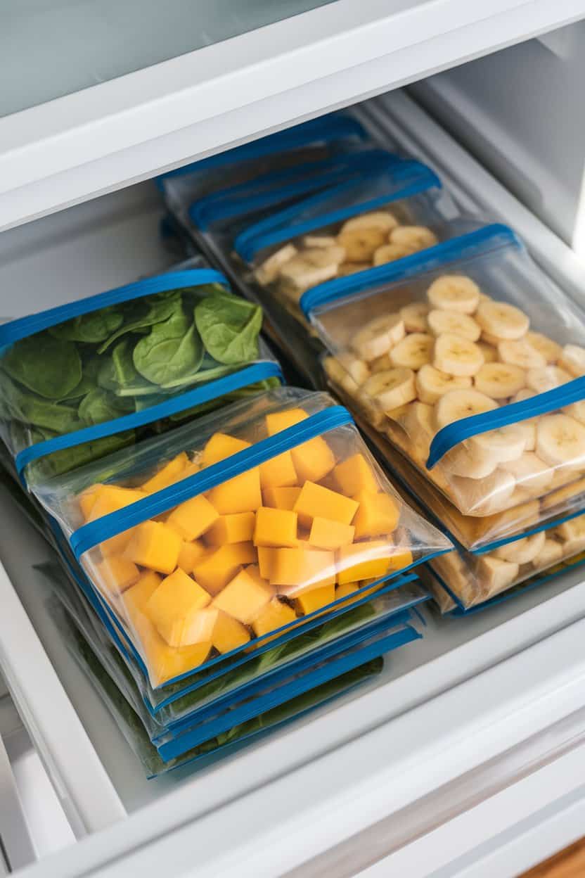 An indoor freezer drawer neatly organized with zip bags containing pre-portioned spinach, mango chunks, and banana slices. No logos or text, photo only.