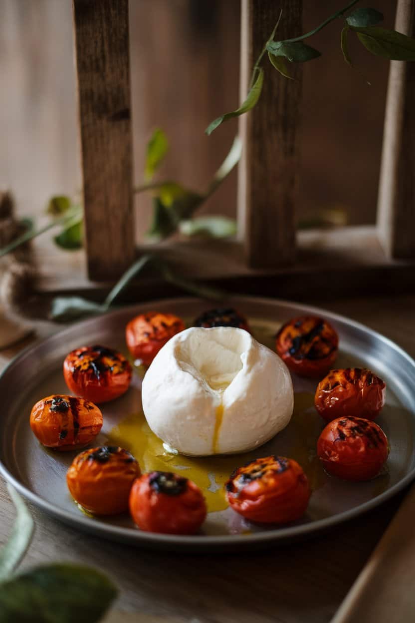 An indoor rustic platter featuring a creamy burrata ball surrounded by blistered cherry tomatoes, a drizzle of olive oil gleaming under soft light. No text or logos visible.