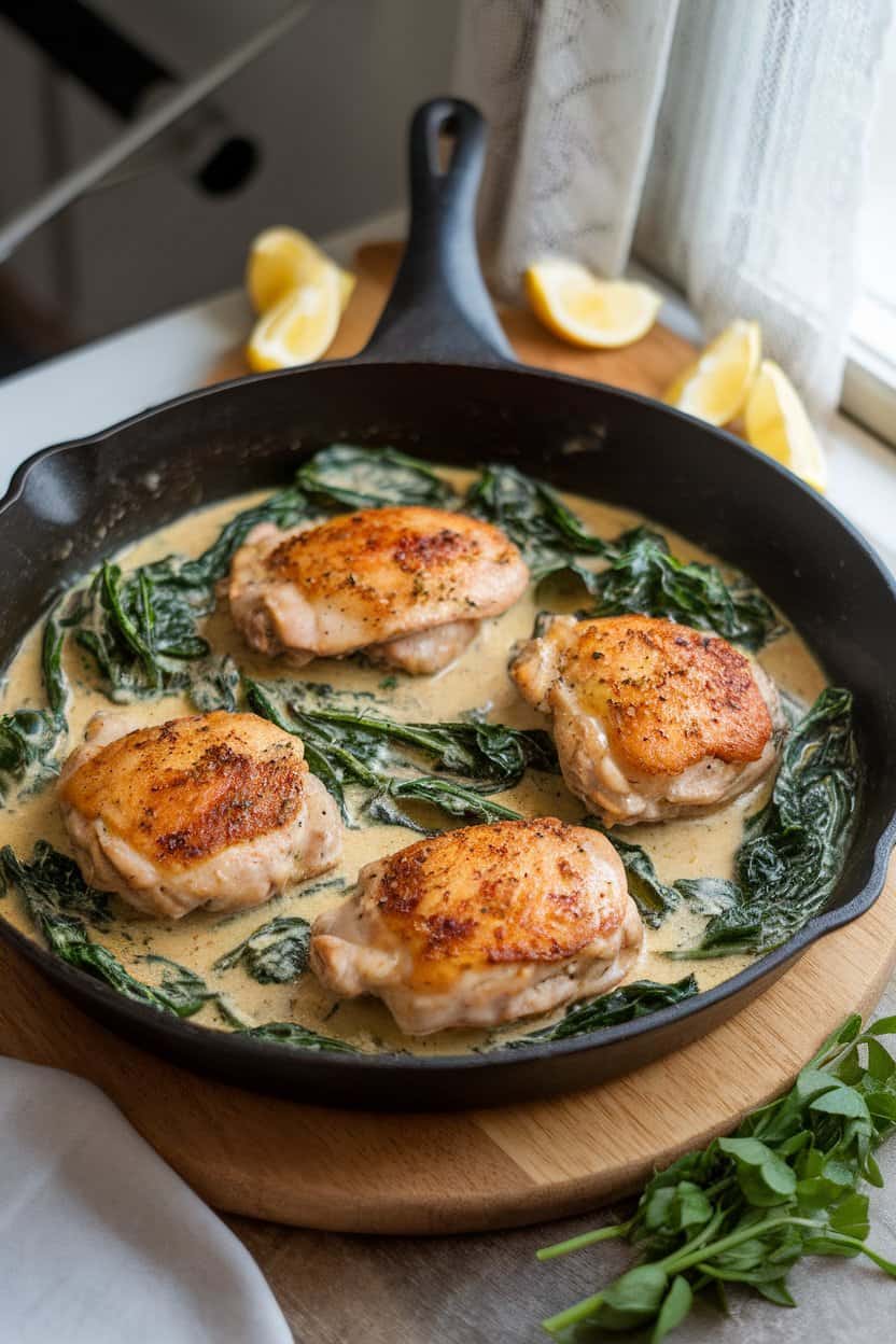 Indoor tabletop featuring a skillet of chicken thighs in pale Dijon cream sauce with wilted spinach. No logos, photographed image.
