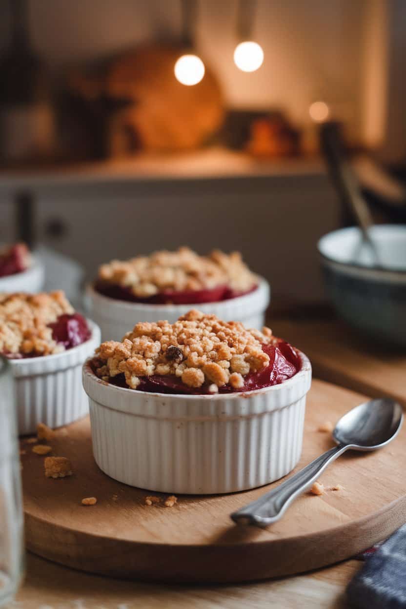 Photo: Individual ramekin with bubbling roasted plums under golden almond crumble topping, indoor kitchen scene. No text or logos.