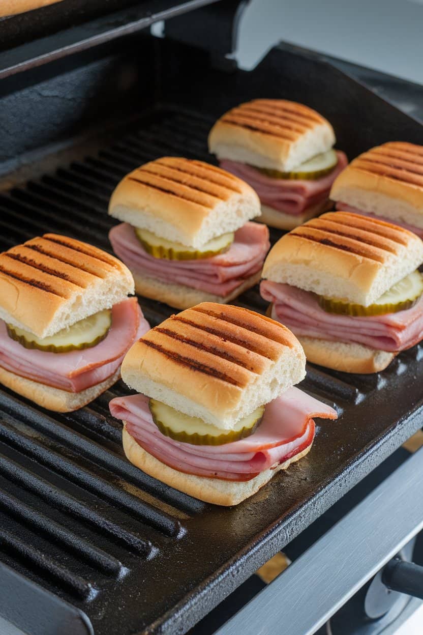 An indoor griddle scene with small pressed buns layered with ham, roast pork, Swiss cheese, pickles, and mustard, grill marks visible. No text or logos. Photo only.