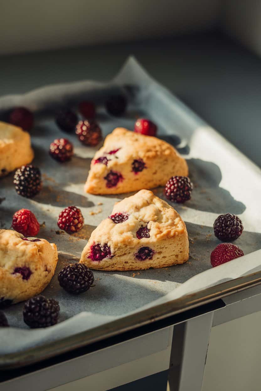 An indoor baking sheet lined with parchment showcasing golden scones dotted with berries; overhead lighting; no text or logos.
