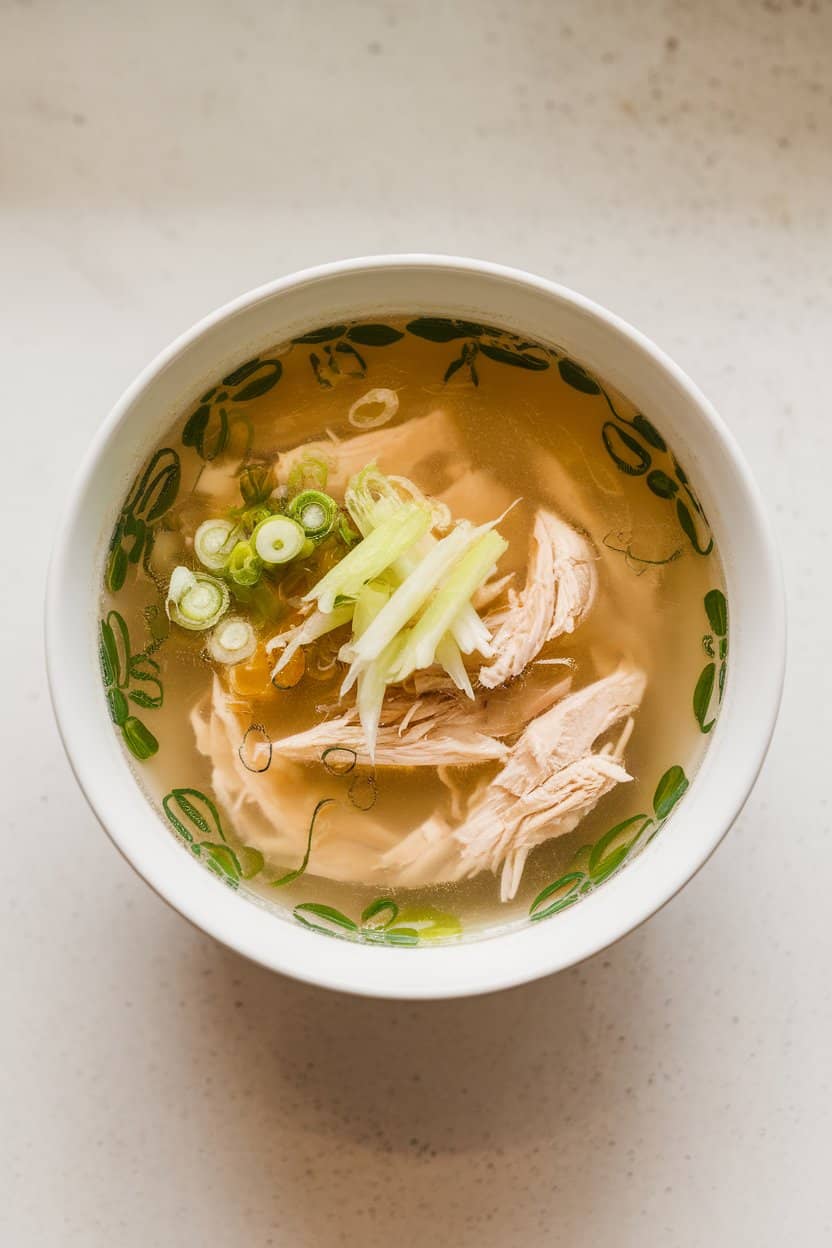 Indoor countertop with a bowl of clear chicken soup sporting sliced scallions, julienned ginger, and shredded chicken; no text or logos.