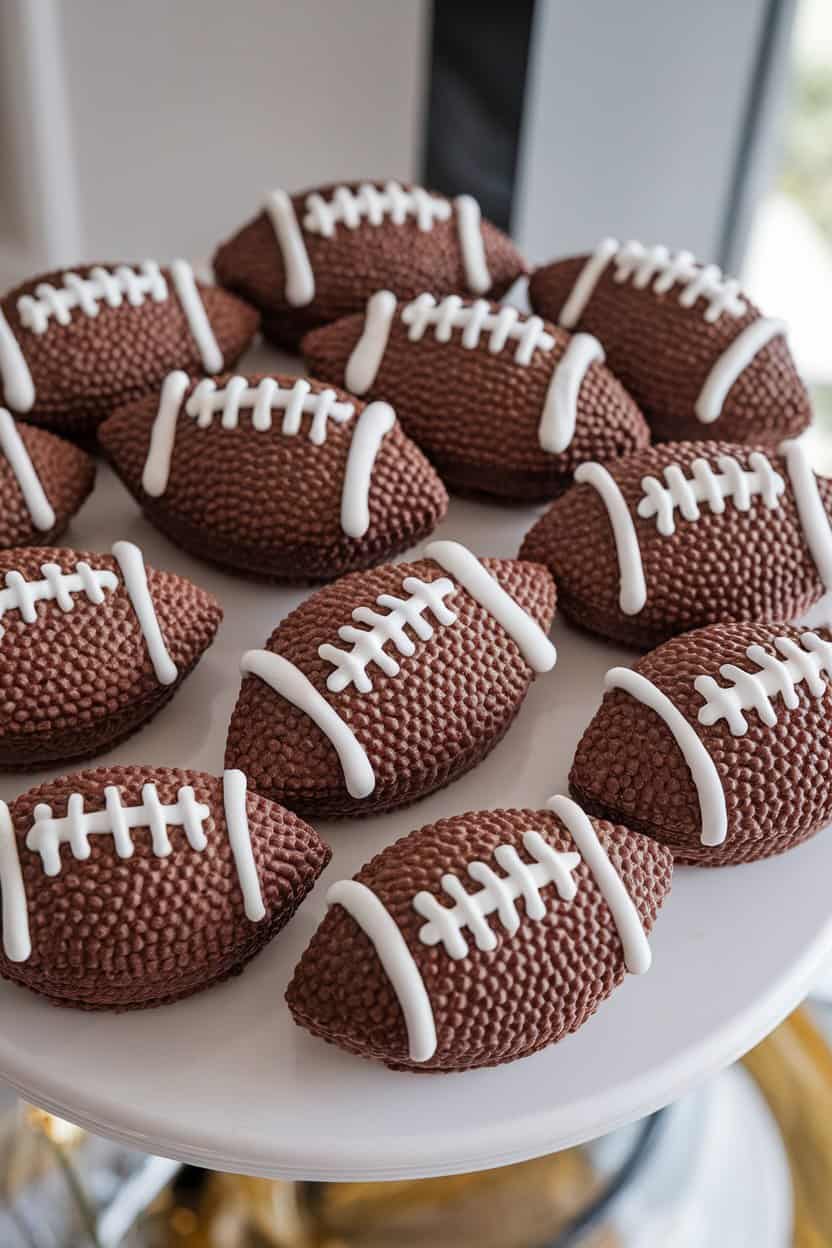 A photo of chocolate-coated rice cereal treats molded into football shapes, arranged on a white platter indoors, with piped white icing “laces.” No text or logos anywhere.