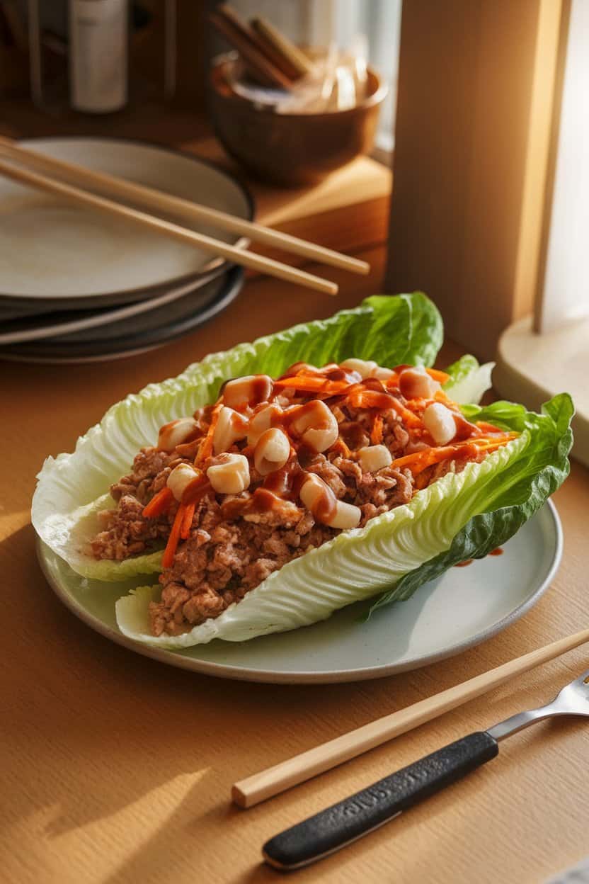 A warmly lit indoor tabletop featuring crisp romaine leaves filled with seasoned ground turkey, diced water chestnuts, and shredded carrots, drizzled with light soy sauce. No text or logos.