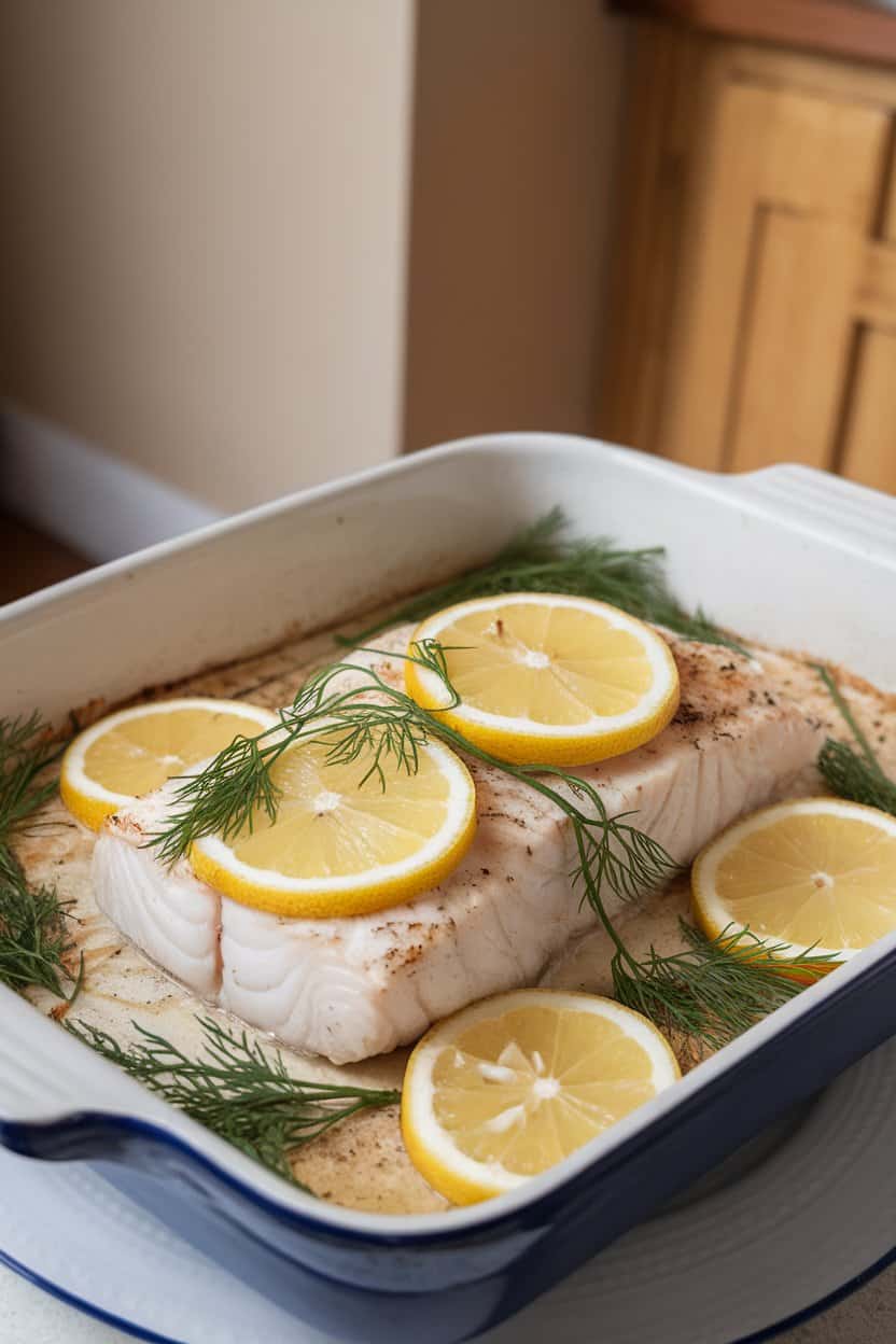 Indoor photo of a fillet of cooked halibut topped with lemon slices and fresh dill sprigs on a white plate; no raw fish, no text or logos