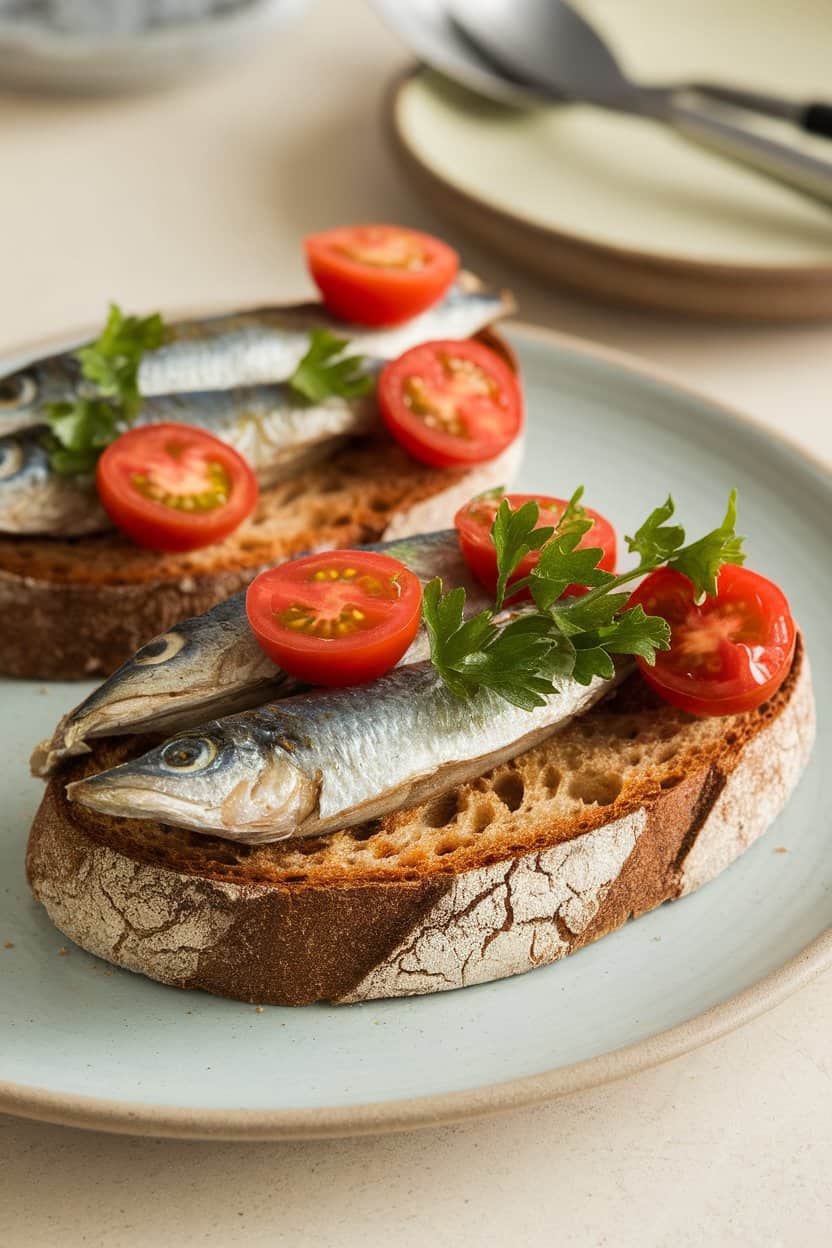Indoor photo of toasted rye bread topped with cooked canned sardines, sliced cherry tomatoes, and parsley; no text or logos