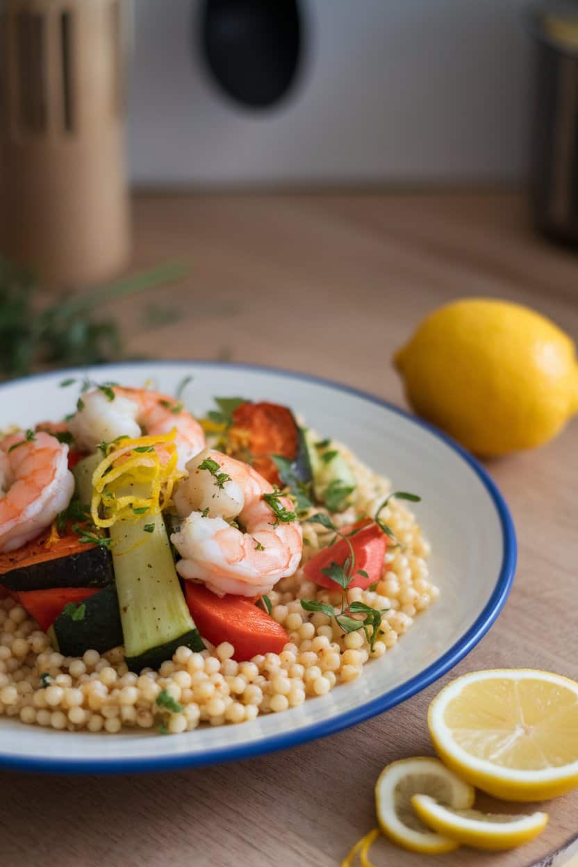 Indoor plate with pearl couscous, roasted vegetables, and shrimp, dressed with herbs and lemon zest. No text or branding.