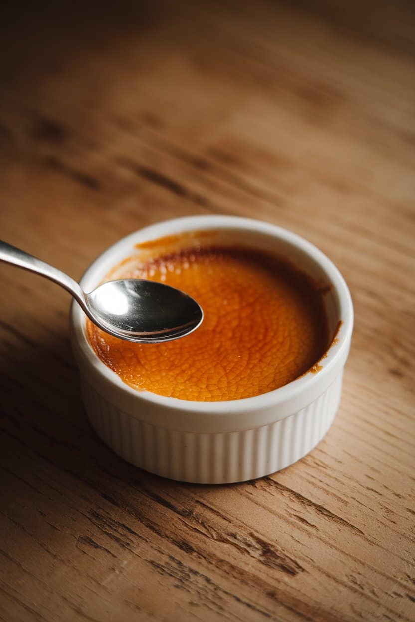 An indoor close-up of a ramekin of crème brûlée with a perfectly torched caramel crust, a small spoon cracking the surface. No text or logos; photo.
