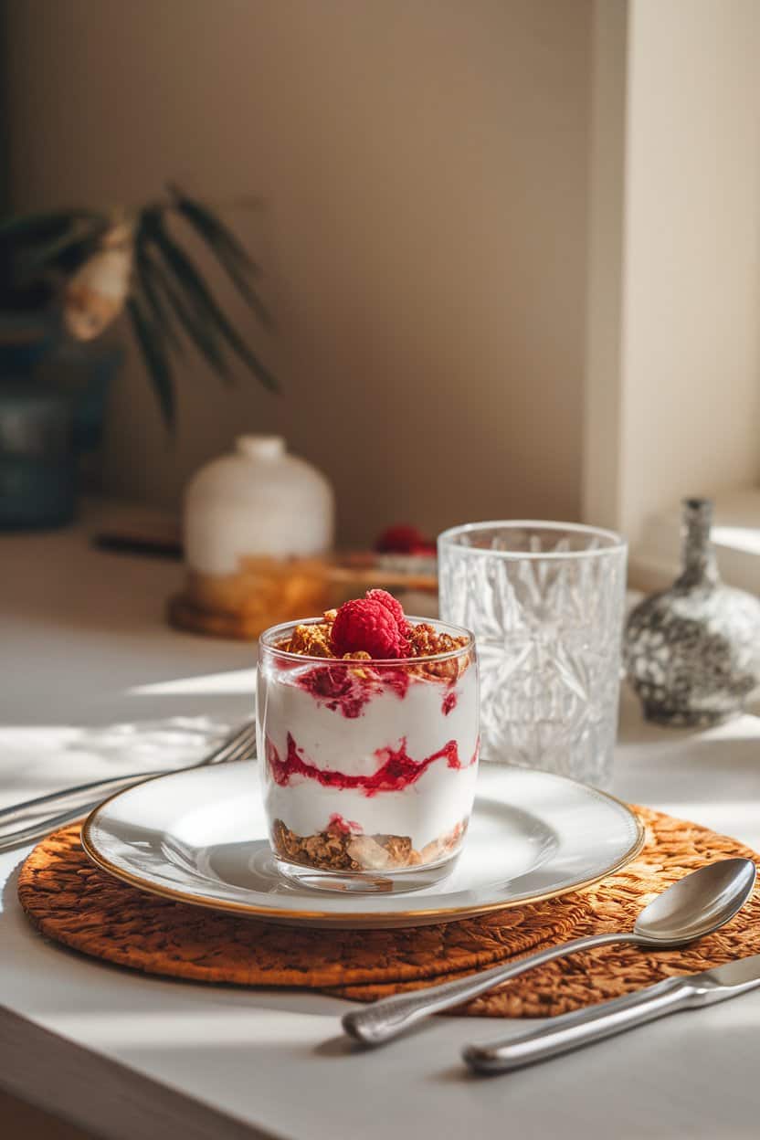 An indoor breakfast table displaying clear glasses layered with creamy Greek yogurt, bright raspberry compote, and crunchy granola; photographed at eye level with natural window light; no text or logos.