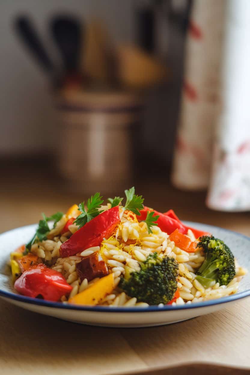 Indoor plate of orzo pasta tossed with colorful roasted vegetables and lemon zest, parsley scattered, no text or logos.