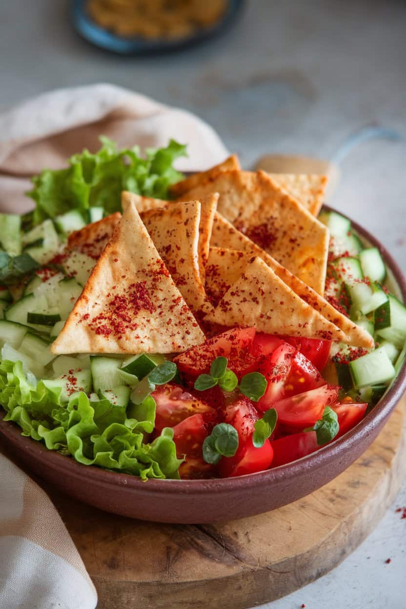 Indoor ceramic bowl filled with chopped lettuce, tomatoes, cucumbers, and toasted pita chips, sprinkled with sumac. No text or logos.
