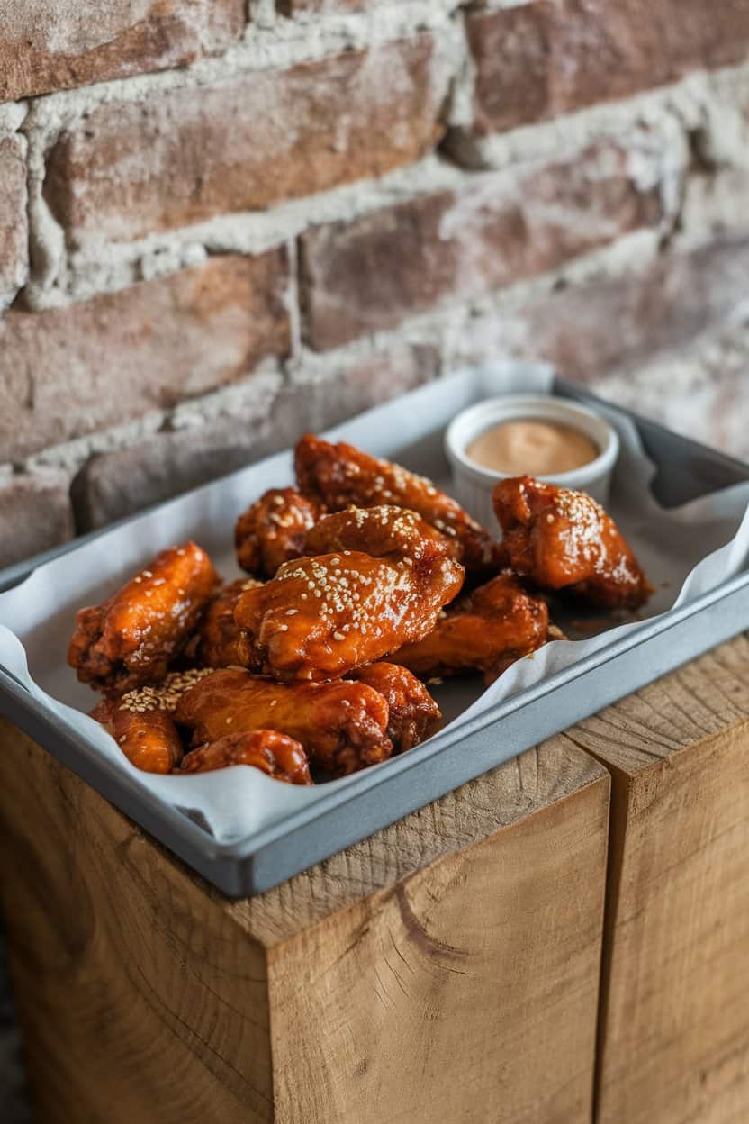 An indoor tray of glazed baked chicken wings, sesame seeds sprinkled on top, a small ramekin of extra sauce alongside. No text or logos in frame.