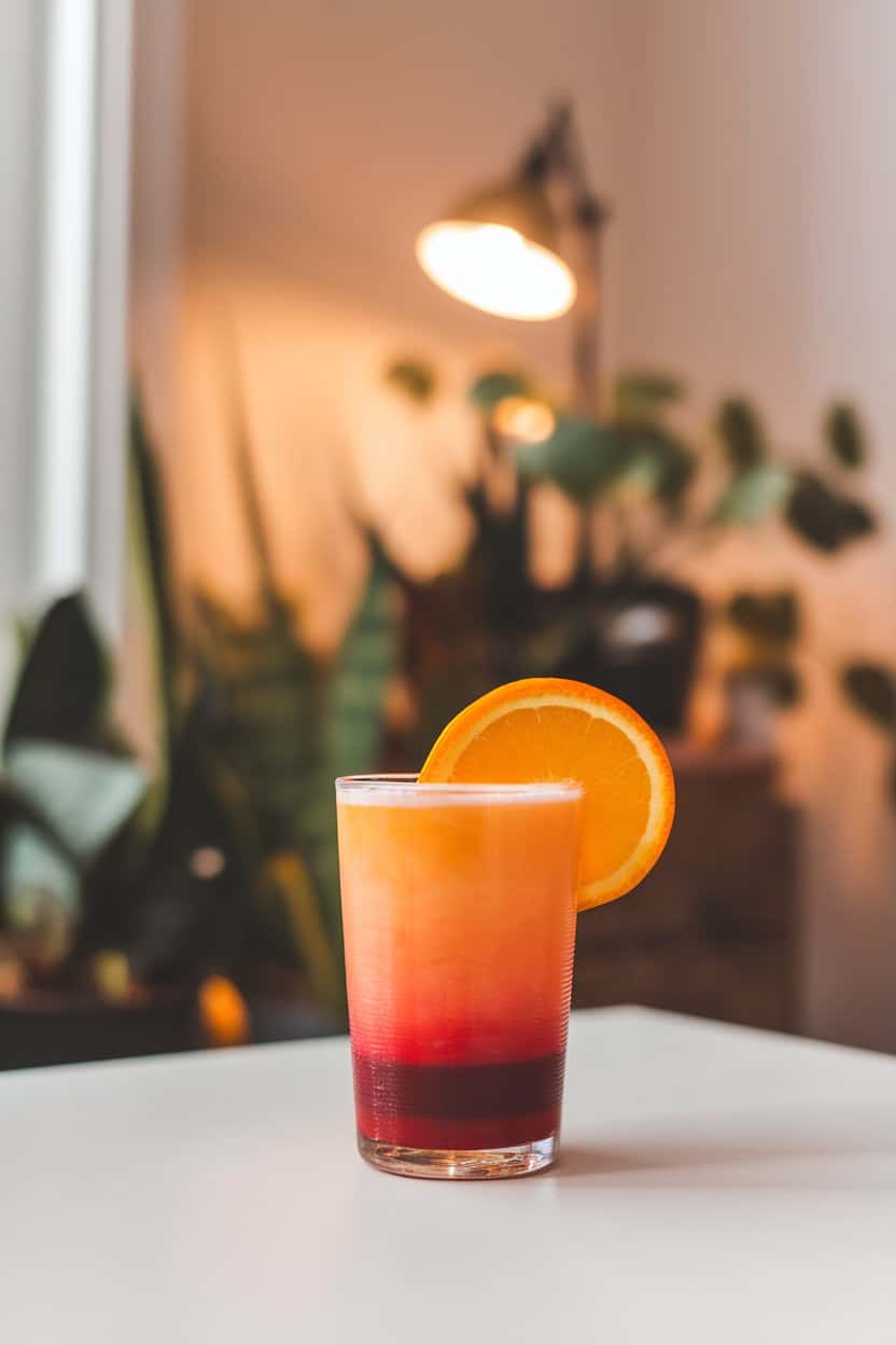 Photo of an indoor breakfast nook with a clear glass showing layered orange and grenadine mocktail, gradient sunset colors, slice of orange on rim; no text or logos.