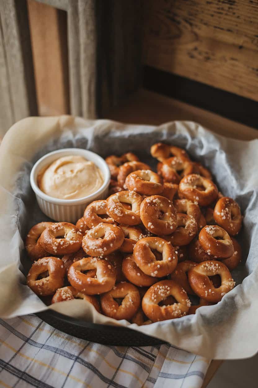 A parchment-lined indoor tray of bite-size soft pretzels sprinkled with coarse salt, alongside a small bowl of creamy beer cheese dip. No logos visible.