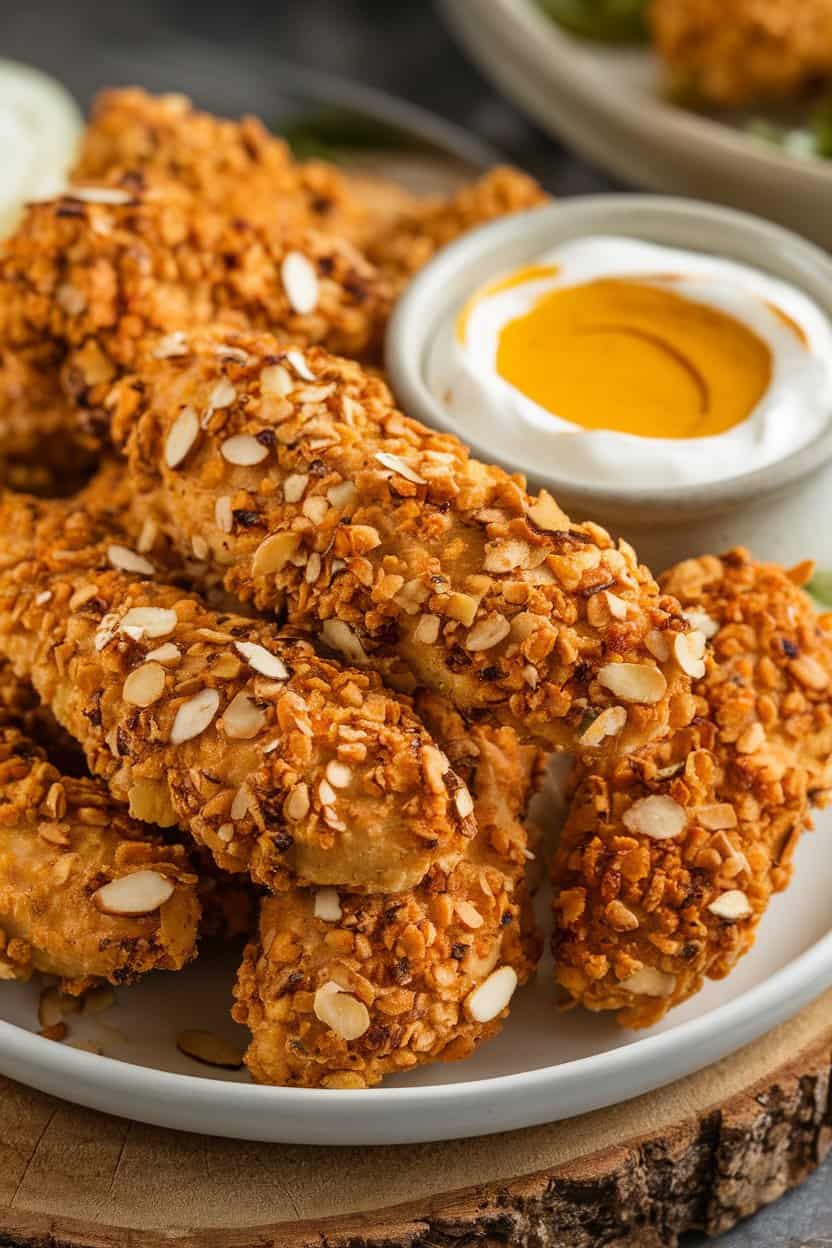 Indoor plate piled with oven-baked chicken tenders coated in golden almond meal crust, served with a yogurt honey-mustard dip. Photo, no text or logos.
