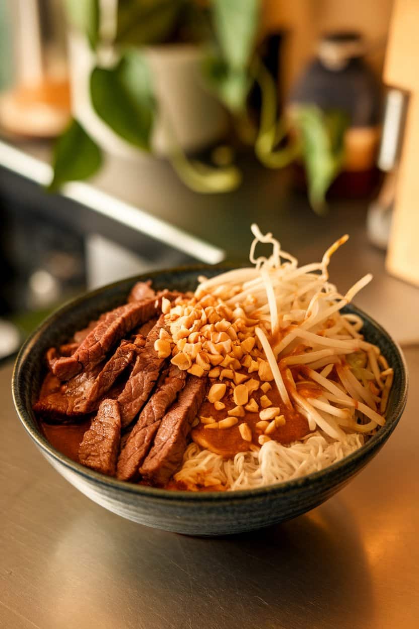 Photo of a bowl on an indoor countertop with rice noodles, seared beef strips, bean sprouts, and chopped peanuts tossed in tamarind sauce. No text or logos.