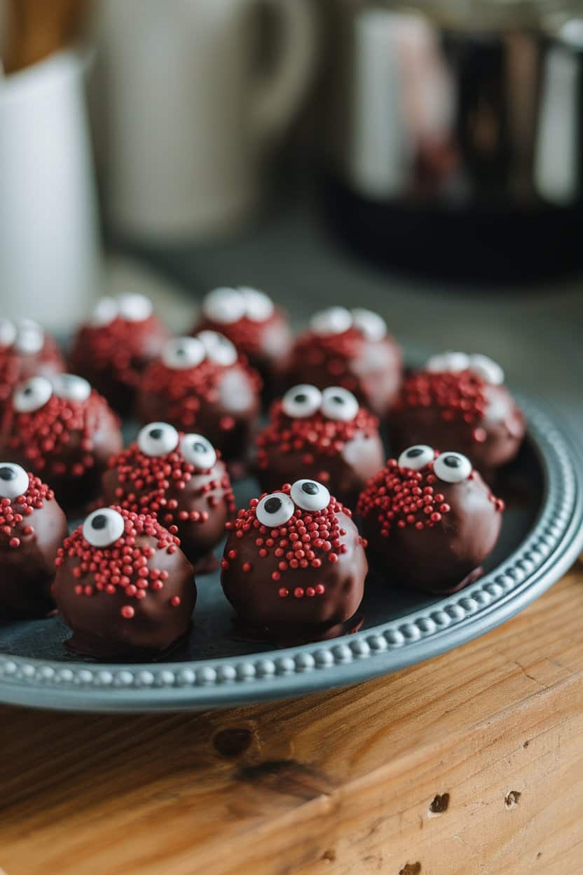 An indoor cookie tray filled with chocolate-coated Oreo truffles decorated with tiny candy eyes and red sprinkle “spots,” no logos or text.