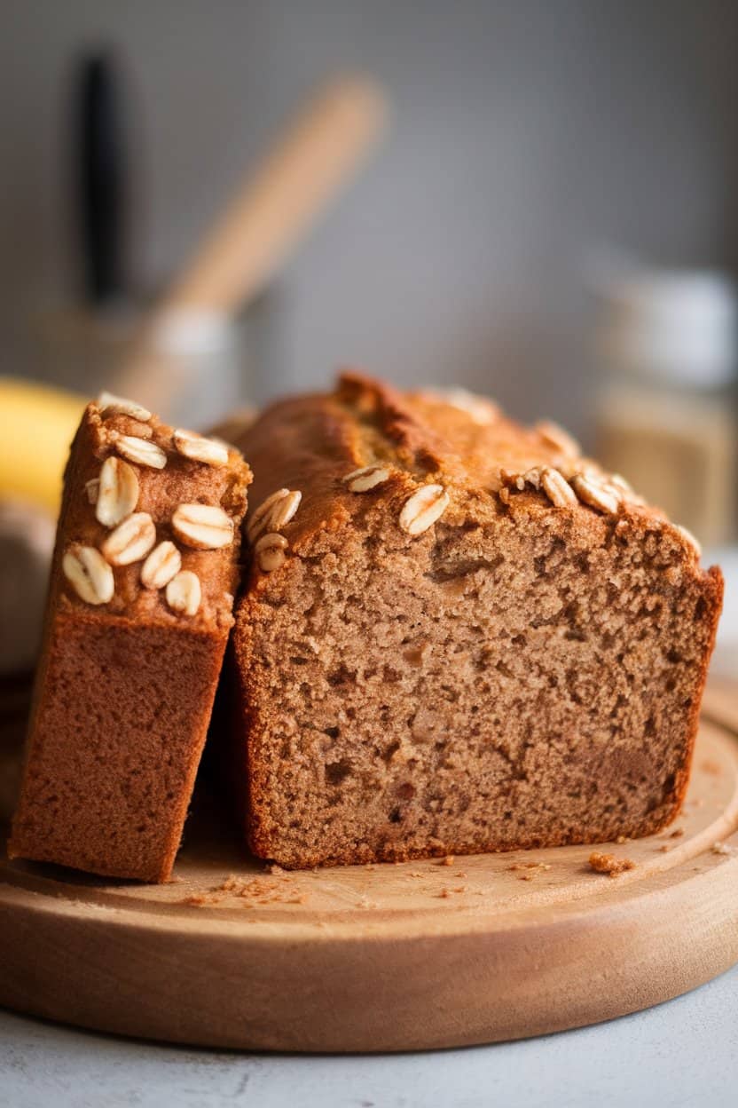 Indoor photo of a loaf of banana bread on a wooden board, one thick slice leaning, visible oat and nut pieces; no text or logos