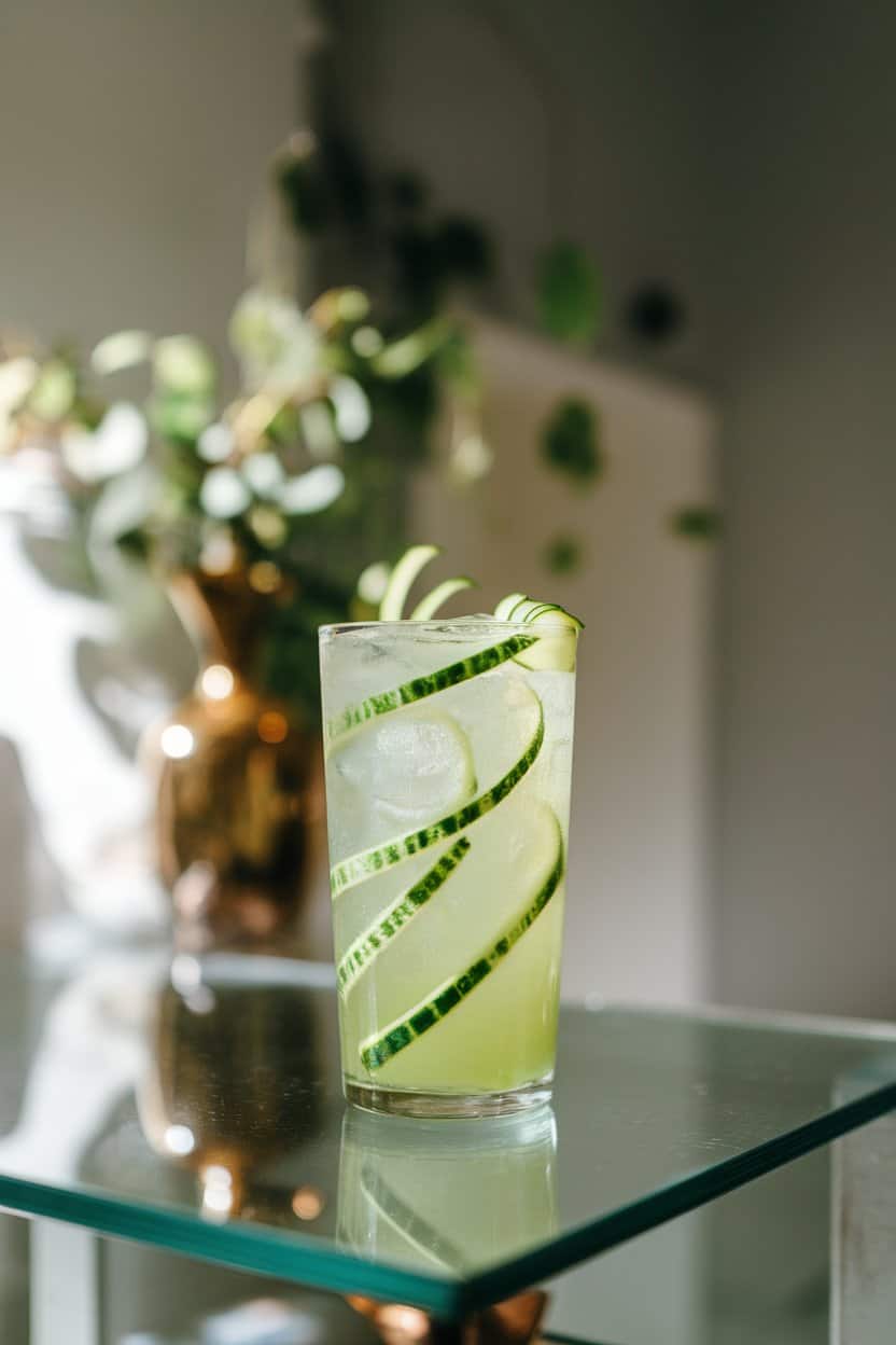 Photo of an indoor glass countertop holding a clear highball packed with light green honeydew mocktail, thin cucumber ribbons spiraling inside; overhead soft lighting; no text or logos.