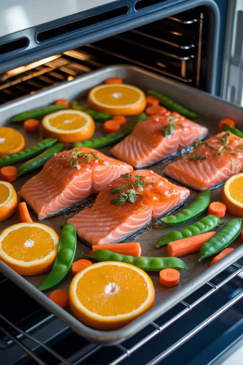 Photo of an indoor oven tray filled with salmon, orange slices, snap peas, and carrots glazed in citrus soy sauce. No text or logos shown.